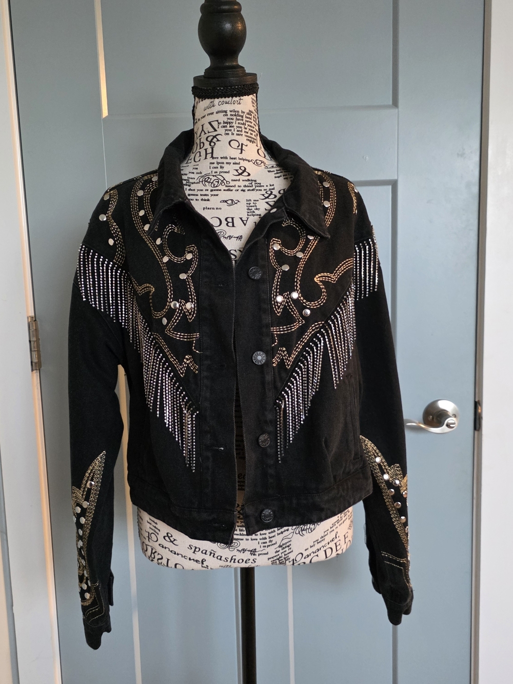 Blue B Black Western Rhinestone Fringe Studded Denim Jacket L
